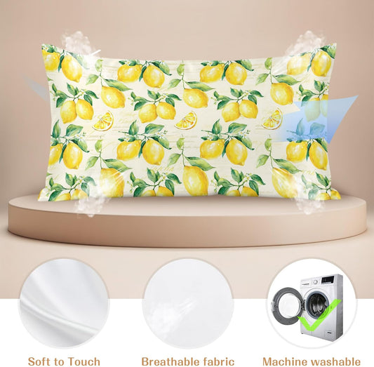 Yellow Lemon King Pillow Cases, Watercolor Fruit Leaves Satin Pillow Case Cover with Smooth Hidden Zipper Closure, Soft Throw Pillow Covers Cases for Home Decoration 20 X 40 Inches