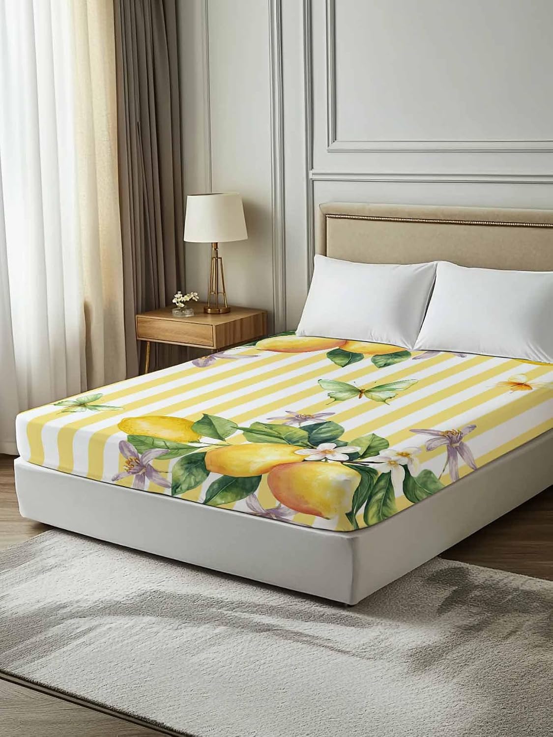 Twin Flat Sheet Only Bed Sheets Lemon Fruits Floral Leaves Microfiber Breathable Bedding Flat Sheet, Yellow Stripes Soft Top Sheets for Bedroom Living Room Sofa