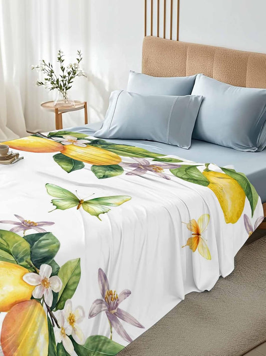 Queen Size Top Sheet Only, Vintage Farm Lemon Flowers Flat Sheet Microfiber Breathable Soft Bed Sheets, Yellow Fruit Butterfly Floral Hotel Bedding Flat Sheets for Bedroom