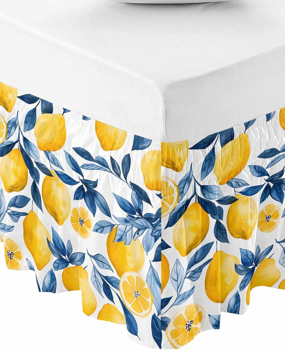 Lemon Bed Skirt Queen Size 16 Inch Drop, Adjustable Elastic Wrap Around Bed Skirts Easy Fitting Dust Ruffle Bedskirt Bed Frame Cover Watercolor Blue Yellow Branch Summer Spring