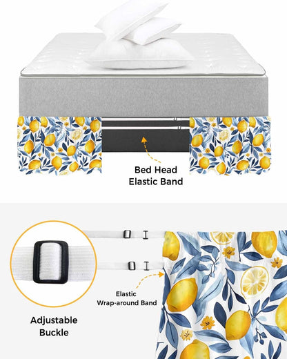 Yellow Lemon Bed Skirt Queen Size 16 Inch Drop, Adjustable Elastic Wrap Around Bed Skirts Easy Fitting Dust Ruffle Bedskirt Bed Frame Cover Blue Flower Leaves Spring Summer Plant