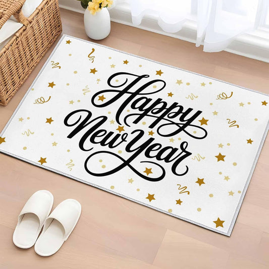 Happy New Years Kitchen Area Rugs 2x3ft, Winter Holiday Yellow Stars Ribbons Bathroom Living Room Rugs Felt Carpet Rubber Backing Non-Slip Rug for Entryway Bedroom Rectangle