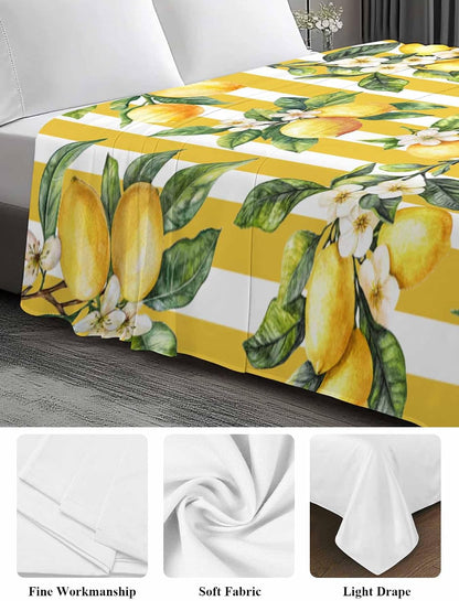 Bedding Flat Sheet - Hotel Quality Twin Top Sheet - Farm Lemon Fruit Yellow Stripe Soft Breathable Microfiber Fabric Bed Top Sheet 1 Flat Sheet Only,Watercolor Flower Green Leaves