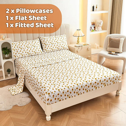 Floral Sheet Set Full, Sunflower Printed Bed Sheets Double, Brushed Microfiber Fitted Sheet with 15" Deep Pocket & Non-Slip Straps, Yellow Flower Pattern Sheet & Pillowcase Sets