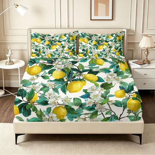 King Size Sheet Set Fruits Floral – 4 Piece Bed Sheets Fresh Yellow Lemons White Flowers, Soft Microfiber, Includes 1 Fitted Sheet, 1 Flat Sheet and 2 Pillowcases, for Guest Room, Yellow White