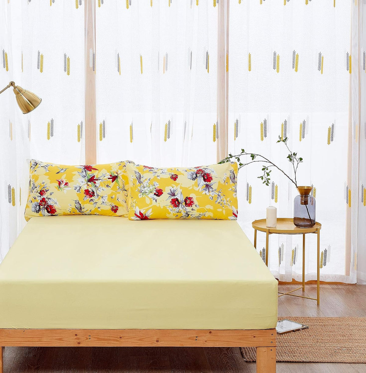 DaDa Bedding Yellow Floral Sheet Set, Queen 4 Piece Hummingbird Print
