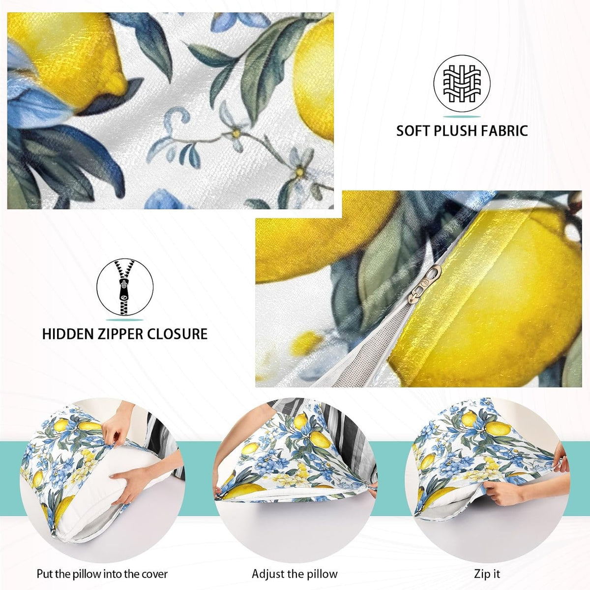Pillowcases Standard Size, Yellow Lemons with Blue Flowers Pillowcase Protectors Soft Pillow Case with Zipper for Couch Bed Sofa Car 20"x26"