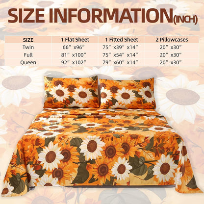 4Pcs Floral Queen Size Bed Sheets,Floral Microfiber Bedding Sheet Sets,Boho Yellow Sunflowers Pattern,included 1 Fitted Sheet 14''Deep Pocket + 1 Flat Sheet + 2 Pillowcases,Breathable and Wrinkle.