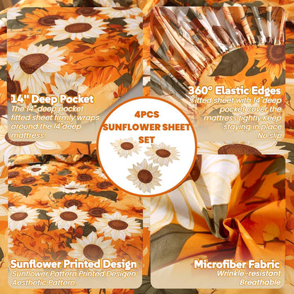 4Pcs Floral Queen Size Bed Sheets,Floral Microfiber Bedding Sheet Sets,Boho Yellow Sunflowers Pattern,included 1 Fitted Sheet 14''Deep Pocket + 1 Flat Sheet + 2 Pillowcases,Breathable and Wrinkle.