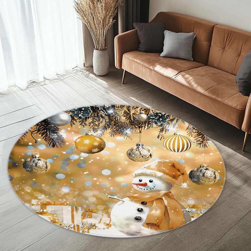 Round Area Rug Yellow Christmas Snowman Winter Xmas Ball Snowflake Pine Branch Funny Happy New Year Holiday Fantasy Circular Rugs Mat for Bedroom Living Room Carpet