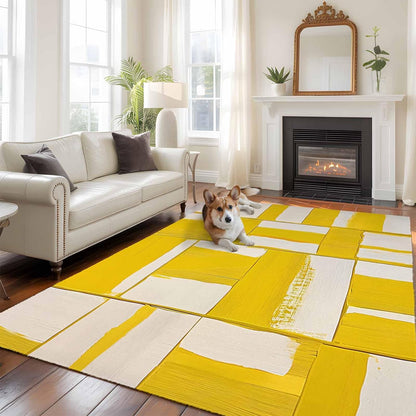 8x10 Abstract Art Area Rug for Spacious Living Room, Washable Low Pile Non Slip Rug Modernism Yellow Color Block