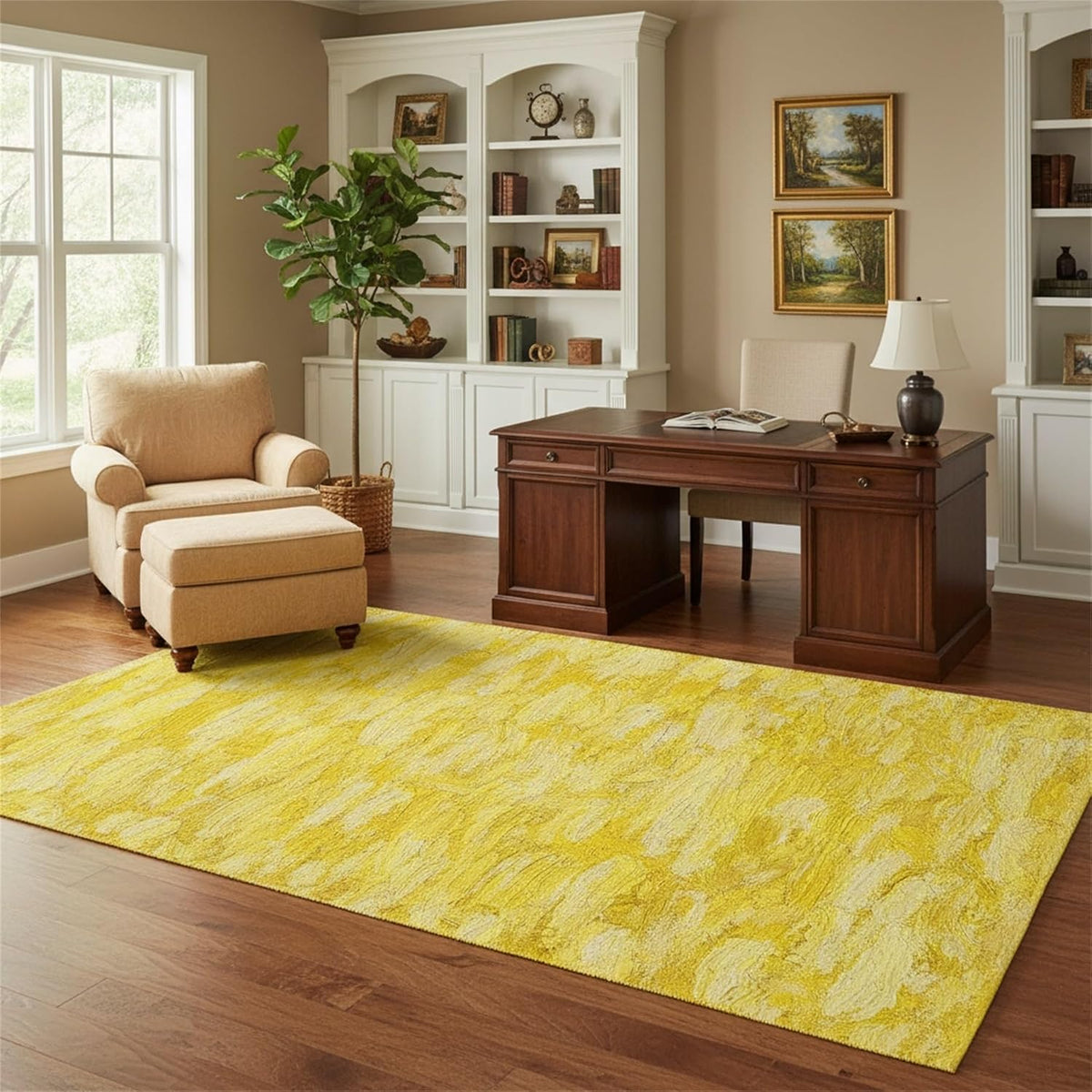 Minimalist Abstract Oil Painting Texture Livingroom Rugs 4x6 Modern Bright Yellow Art Deco Aesthetic Area Rug for Bedroom Dining Room Soft Washable Non Skid Big Carpet Thin Entryway Floor Mats