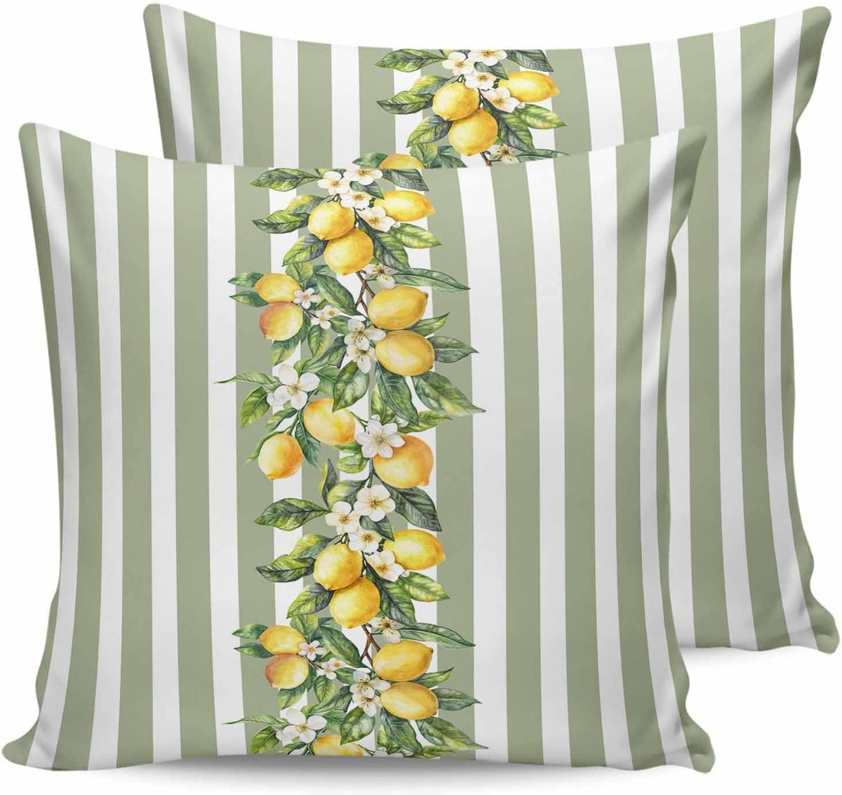 Retro Yellow Lemon 2PCS Throw Pillow Covers for Couch Sofa Bed, Sage Green Stripe Pillow Covers 16x16 inch, Standard Pillowcases Set Decorative Cushion Covers for Living Room Bedroom