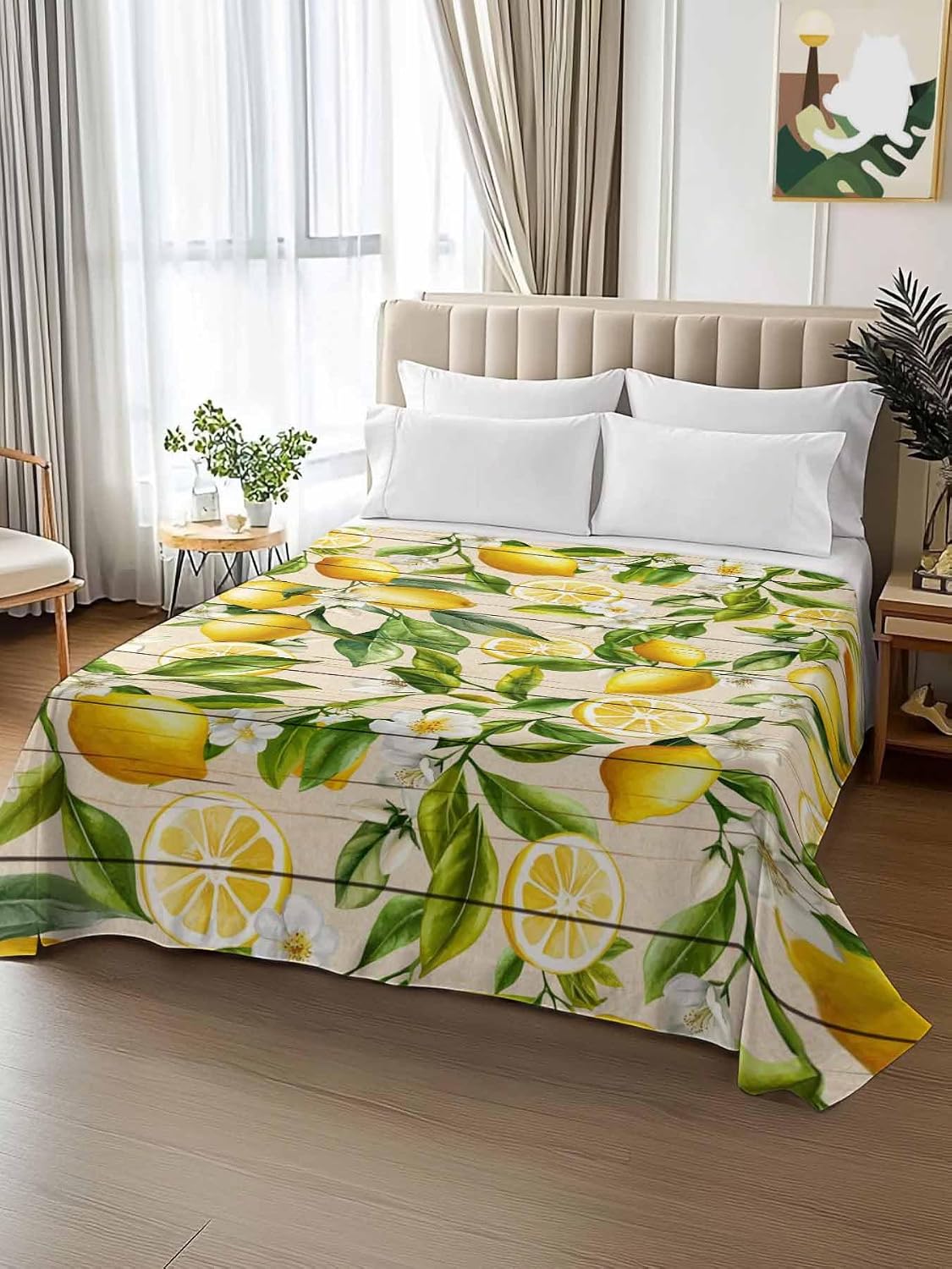 Twin Flat Sheet Only,Farm Fruits Lemon Floral Top Sheet Breathable Soft Brushed Polyester Microfiber Bed Sheets,Yellow Wood Texture Hotel Luxury Bedding Sheets for Women,Men,Teens
