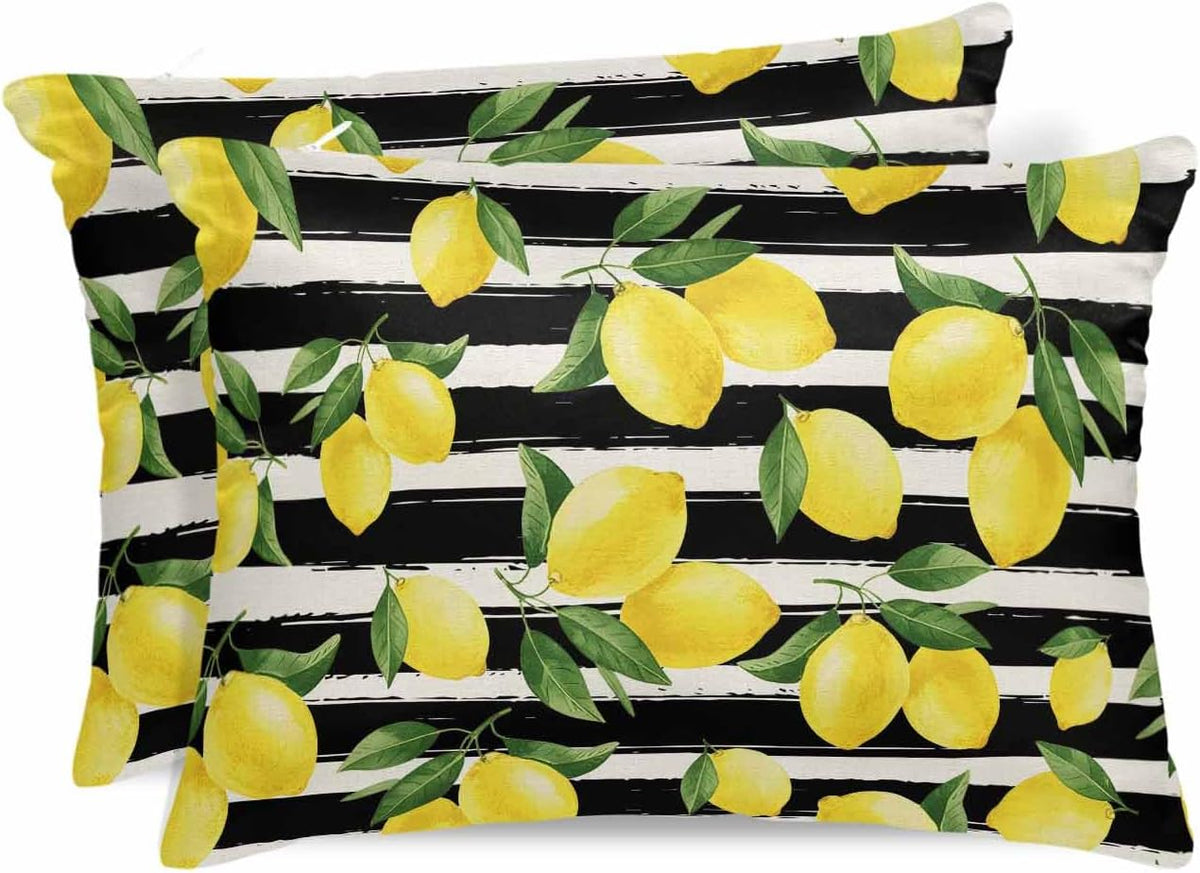 Yellow Lemons Pillow Cases Standard Size Set of 2, Satin Pillowcase for Hair and Skin, Summer Citrus Fruits Leaves Black Stripes Throw Pillow Covers Cooling Pillow Protector with Zipper 20"x26"x2