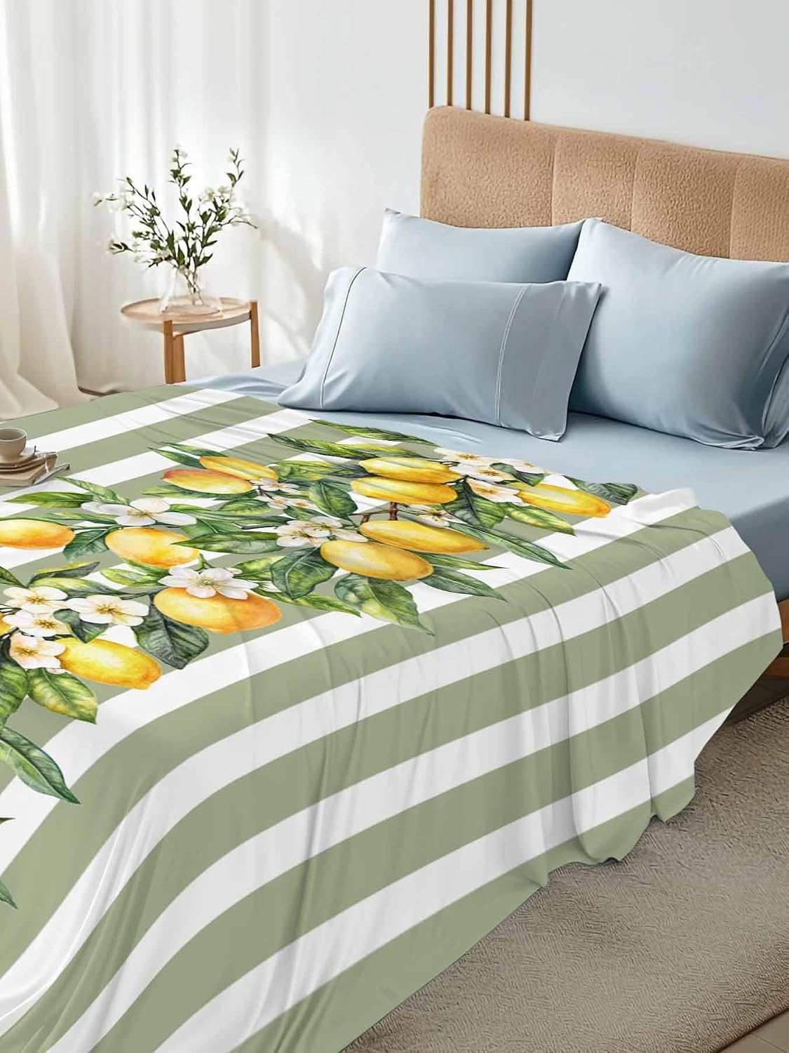 Lemon Striped Flat Bed Sheet Queen Size for Queen Mattress, Microfiber Bedding Top Sheets Deep Pocket for All Seasons, Sage Green Geometric Yellow Floral Leaf Soft & Breathable Hotel Quality