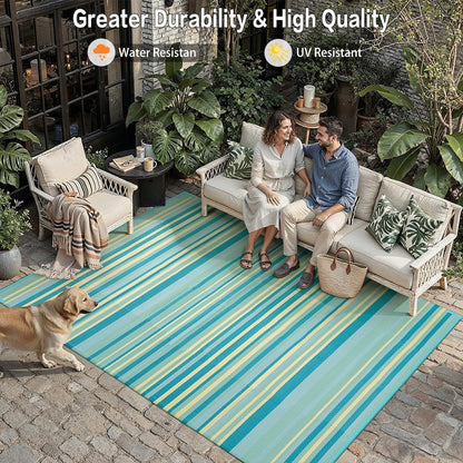 Outdoor Plastic Straw Rug Waterproof Patio 6x9 Teal Yellow Stripe Mat for Porch Camping RV Balcony Deck Courtyard Reversible Lightweight Durable Portable Carpet