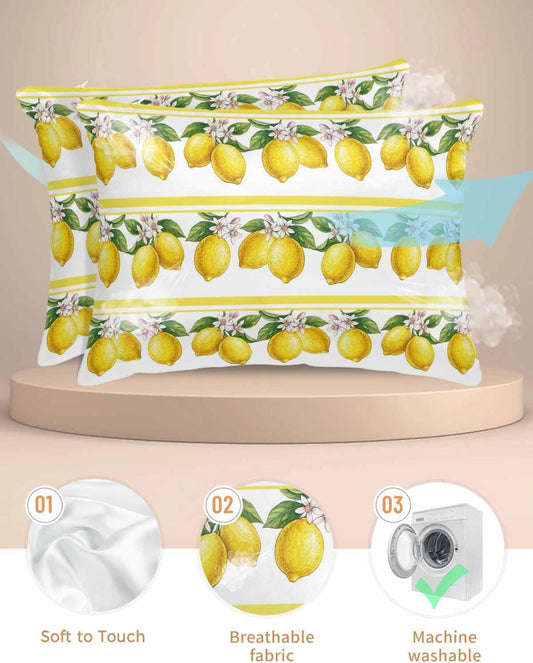 Satin Pillowcases Queen Size, Lemon Summer Silk Pillow Cases for Hair and Skin with Zipper 2 Pack, Watercolor Fruits Yellow Stripes Smooth Throw Pillow Covers for Sleeping, 20"x30"