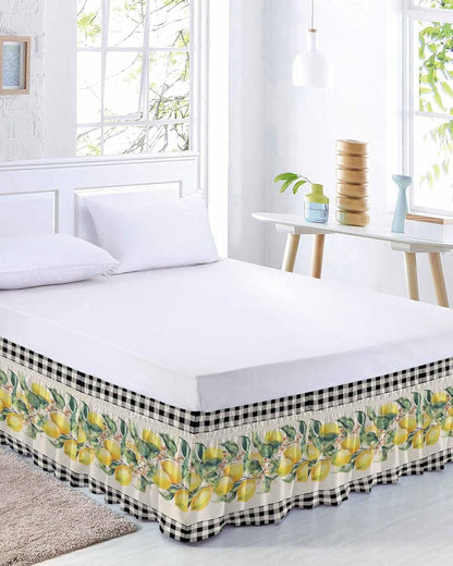 Yellow Lemons Bed Skirt Queen Size 16 Inch Drop, Adjustable Elastic Wrap Around Bed Skirts Easy Fitting Dust Ruffle Bedskirt Bed Frame Cover Summer Botanical Black White Plaid Rustic