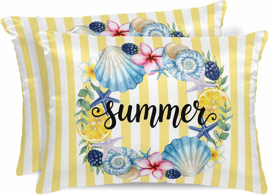 Satin Pillowcase for Hair and Skin Standard Size 2 Pack Starfish Shell Wreath Satin Pillow Case Soft Cool Silk Summer Lemon Yellow Stripes Pillowcases with Hidden Zipper Throw Pillow Covers 20x26 Inch