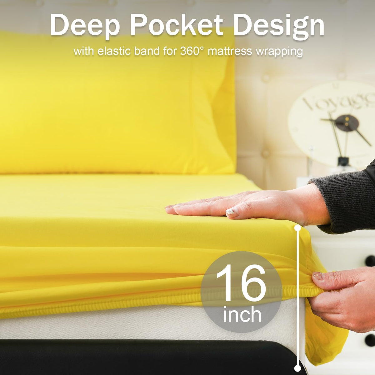 MICORAL Queen Bed Sheets Set, Soft Breathable Bedding Sheet Set, Sheets Set with 16" Deep Pocket Design (4 Pieces, Queen, Yellow)