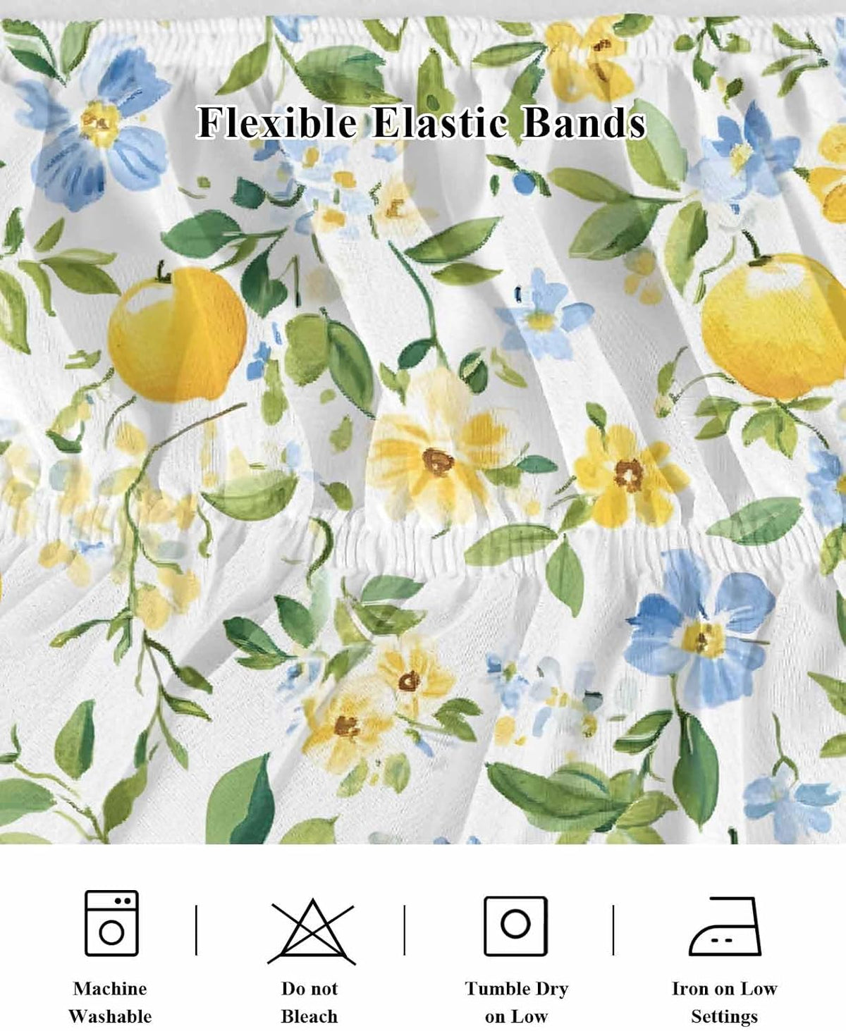 Bed Skirt Lemon Yellow Flowers Ruffle Bed Skirt Wrap Around Bed Skirts for Queen Beds 16" Drop,Adjustable Elastic Dust Ruffles Easy Fit and Wrinkle-Free