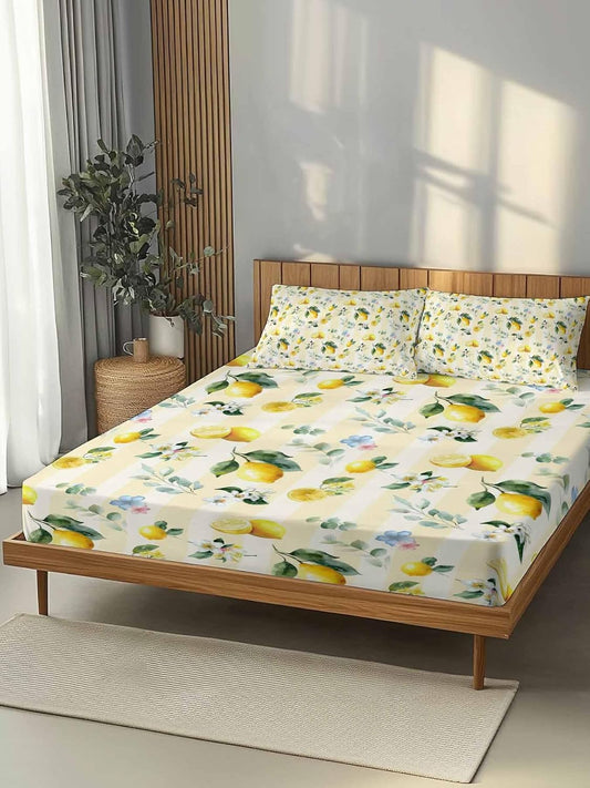 3 Pieces Twin Fitted Sheet Set, Summer Lemon Leaves Flower Deep Pocket Up to 16", Watercolor Yellow Stripes Soft Elastic Bed Sheets and Pillow Cases Secure Fit