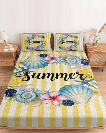 Twin Fitted Sheet, Summer Sea Stars Shells Lemon Soft Brushed Microfiber Deep Pocket Bed Sheets Set, Vintage Yellow Striped Breathable Bottom Sheets with Pillowcase,Fits Mattress Up to 16"