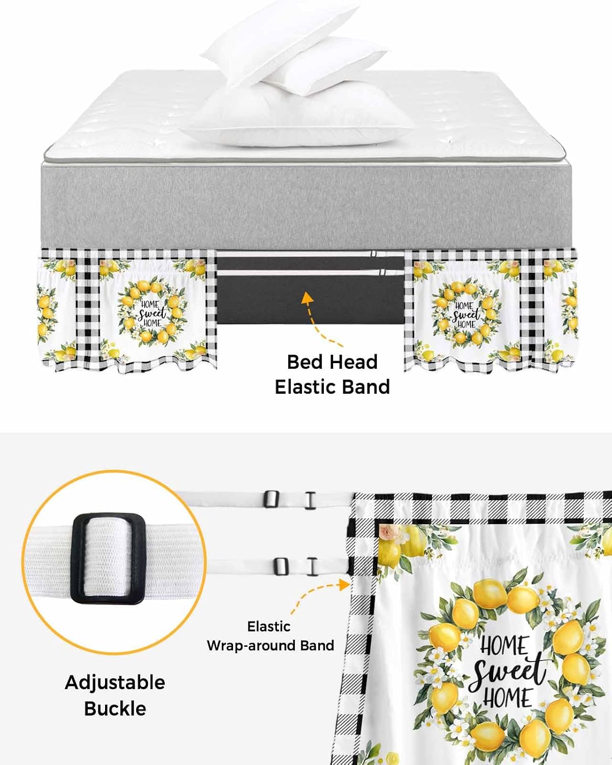 Summer Yellow Lemon Bed Skirt Queen Size 16 Inch Drop, Adjustable Elastic Wrap Around Bed Skirts Easy Fitting Dust Ruffle Bedskirt Bed Frame Cover Black Buffalo Plaid Farmhouse