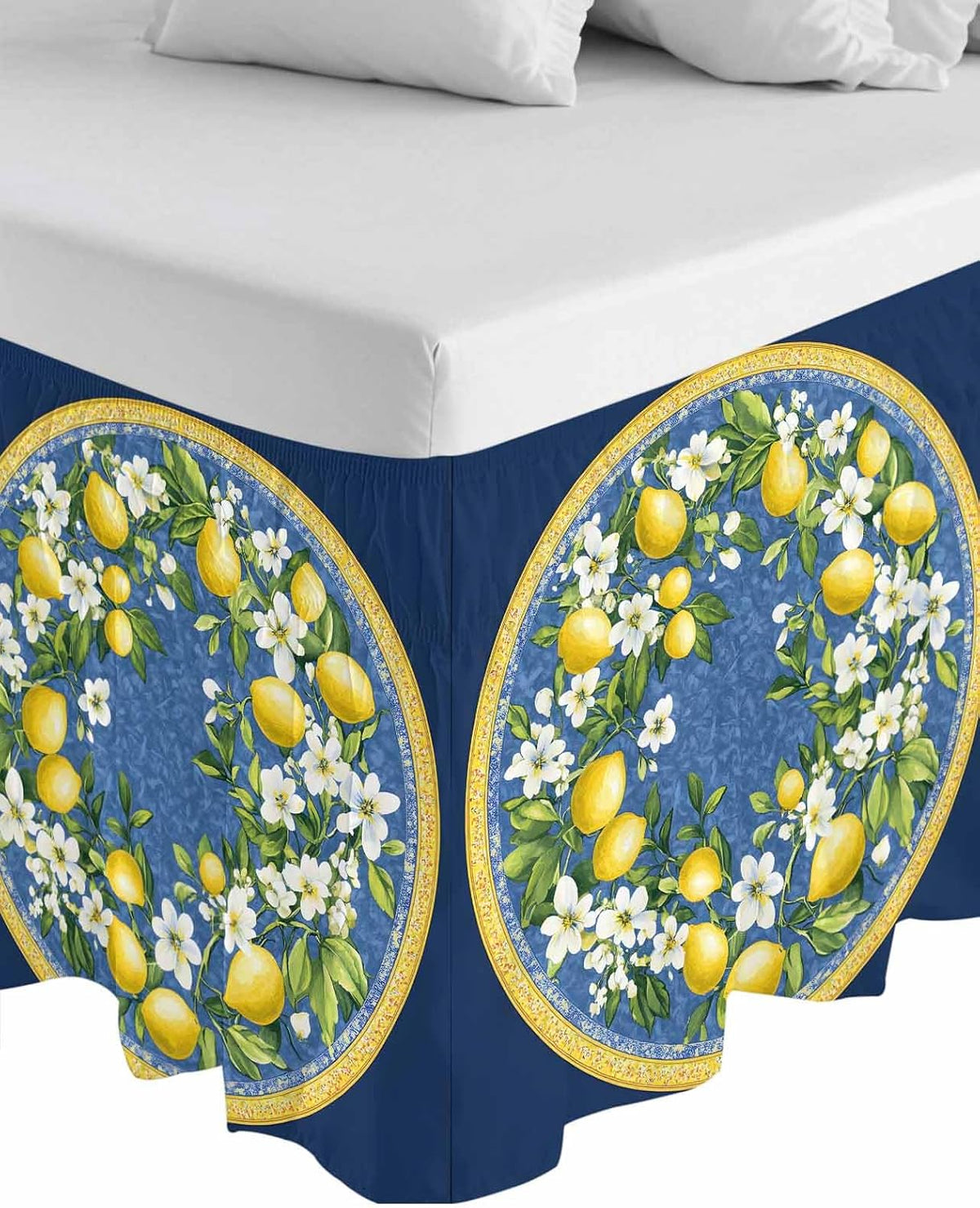 Bed Skirt Yellow Lemons Bohemian Summer Navy Blue Ruffle Bed Skirt Wrap Around Bed Skirts for Queen Beds 16" Drop,Adjustable Elastic Dust Ruffles Easy Fit and Wrinkle-Free