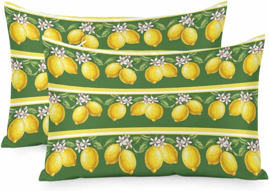 Lemon Summer Pillow Cases Standard Size Set of 2, Watercolor Fruits Green Yellow Stripes Satin Pillowcase with Zipper for Hair/Skin, Decorative Pillow Covers for Bed/Couch/Sofa, 20x26 Inches