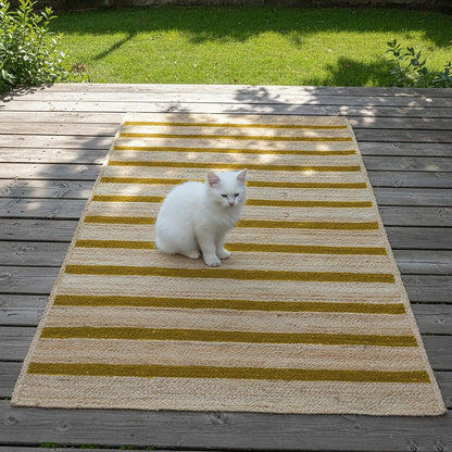 Runner Jute Rug 2.6x8 Hand Woven Jute Braided Yellow Striped Pattern Rug Thick 0.27" Ideal for Runner Areas Rugs for Hallway, Kitchen, Entryways Laundry Boho Carpets Home Décor
