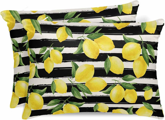 Satin Pillowcase for Hair and Skin Standard Size 2 Pack Yellow Lemon Satin Pillow Case Soft Cool Silk Summer Fruit Black Striped Pillowcases with Hidden Zipper Throw Pillow Covers 20x26 Inch