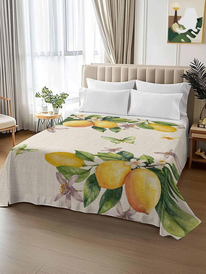 Flat Sheet, 1 Piece Top Sheet Twin Size Yellow Lemon Floral Soft Breathable Bed Sheet Watercolor Butterfly Purple Flower Retro Brushed Microfiber Bed Sheet, Wrinkle Resistant, Fade Resistant Bedding