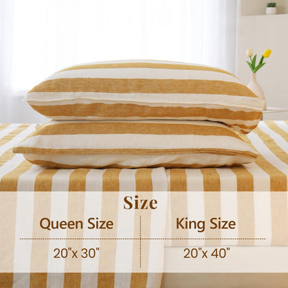 Stripe Linen Pillow Cases Set of 2,100% Organic French Natural Linen Soft Yarn Dyed Yellow Stripe Pillowcase,Standard 20"x30"