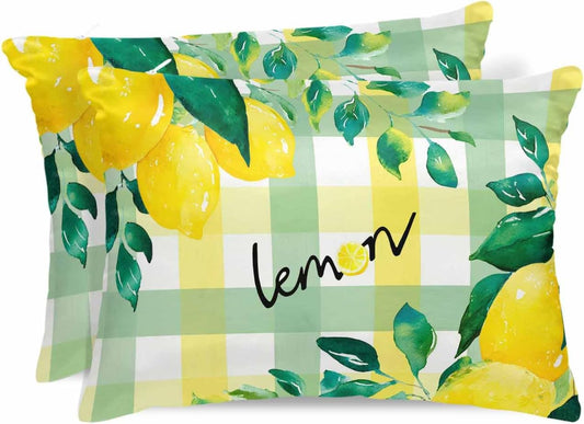 Summer Lemon Pillow Cases Standard Size Set of 2, Satin Pillowcase for Hair and Skin, Botanical Fruit Leaves Yellow Green Striped Throw Pillow Covers Cooling Pillow Protector with Zipper 20"x26"x2