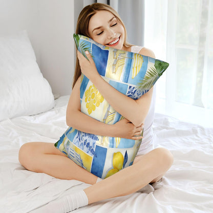 Satin Pillowcase for Hair and Skin, Blue Yellow Lemon Beach Silky Pillow Cover with Hidden Zipper, Queen Size 20x30 Inch Cooling Breathable Pillow Covers for Bedroom Sofa