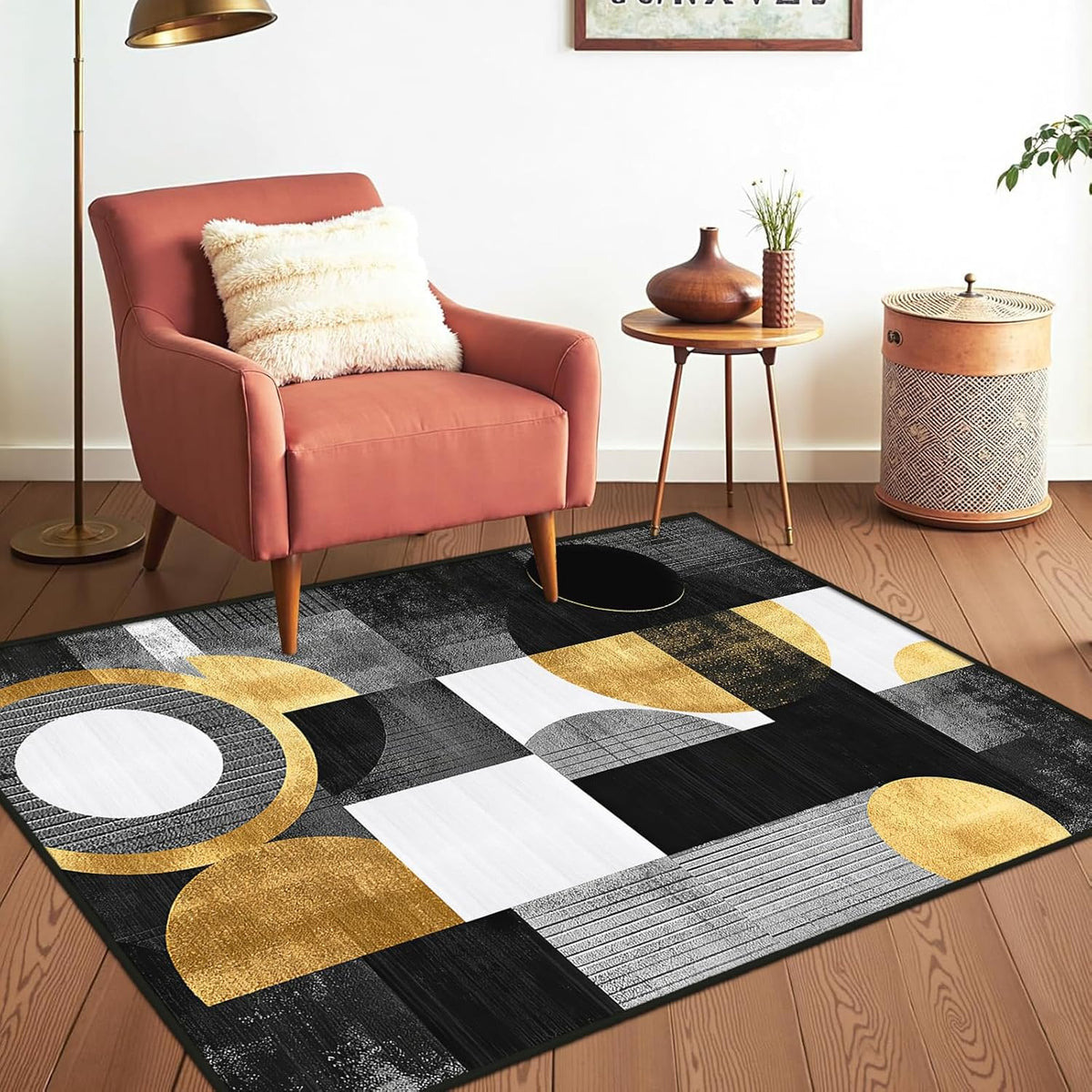 Boho Area Rug for Living Room Abstract Geometric 3x5 Yellow Rug Modern Golden Circles Rugs Non Slip Low Pile Machine Washable Floor Carpet for Indoor Bedroom Kitchen Dining Room Office