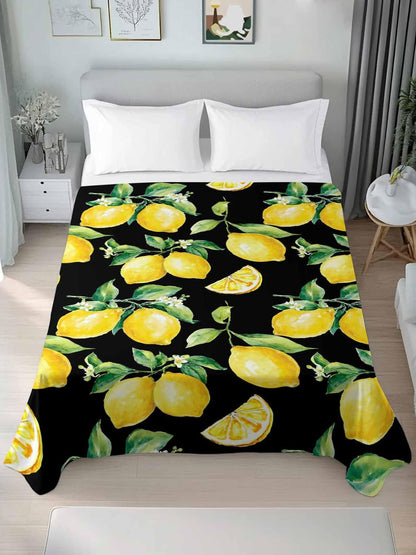 Flat Sheets Queen Size Bedding Sheet,Summer Lemon Fruit Floral Soft Microfiber Breathable Top Sheets for Bedroom Hotel Luxury-1 Bed Flat Sheet Only,Yellow on Black