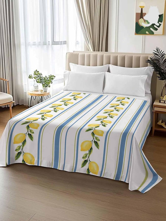 Flat Sheets Queen Size Bedding Sheet,Summer Lemon Leaves Soft Microfiber Breathable Top Sheets for Bedroom Hotel Luxury-1 Bed Flat Sheet Only,Blue Yellow Striped